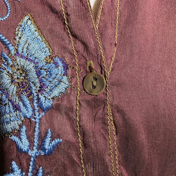 Y2K VINTAGE JOHNNY WAS SILK EMBROIDERED BUTTERFLY BUTTON FLY BLOUSE SZ S - Picture 9 of 10